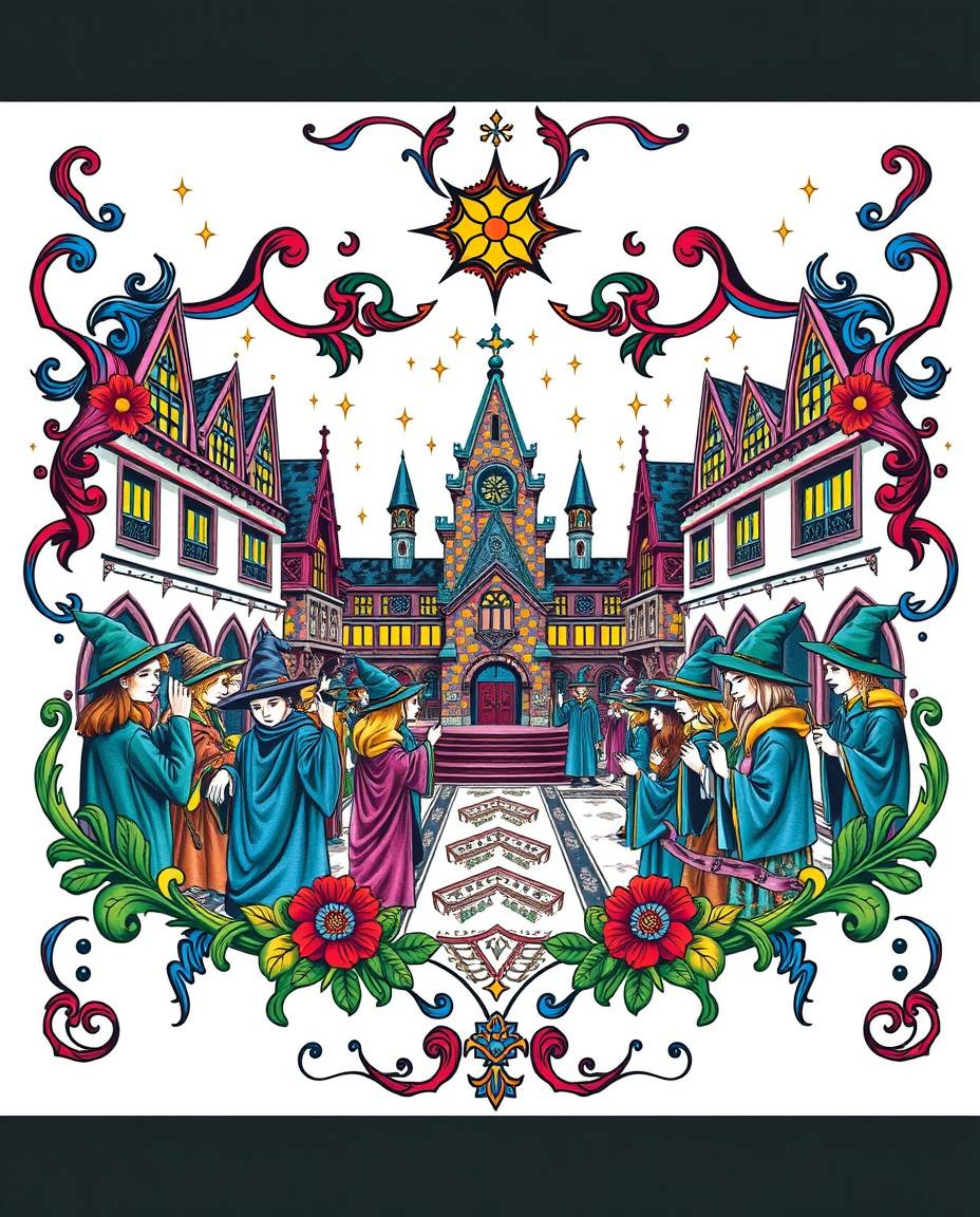 Explore our enchanting collection of traditional tattoo art prints featuring a magical school brimming with young wizards. Th