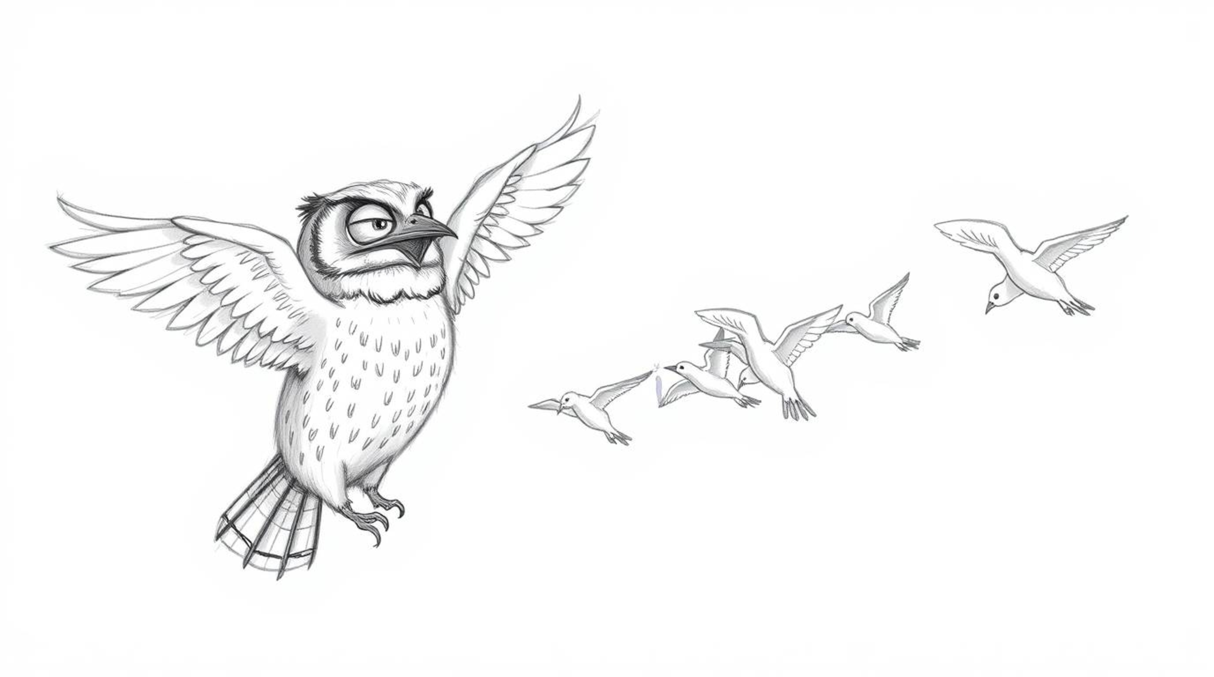 This hand-drawn pencil sketch, rendered in a Pixar-inspired style, portrays a captivating scene: a blind owl with meticulousl