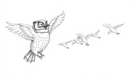 This hand-drawn pencil sketch, rendered in a Pixar-inspired style, portrays a captivating scene: a blind owl with meticulousl