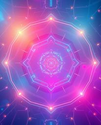 A mesmerizing futuristic digital interface combines geometric patterns and holographic elements, bathed in gentle soft light 