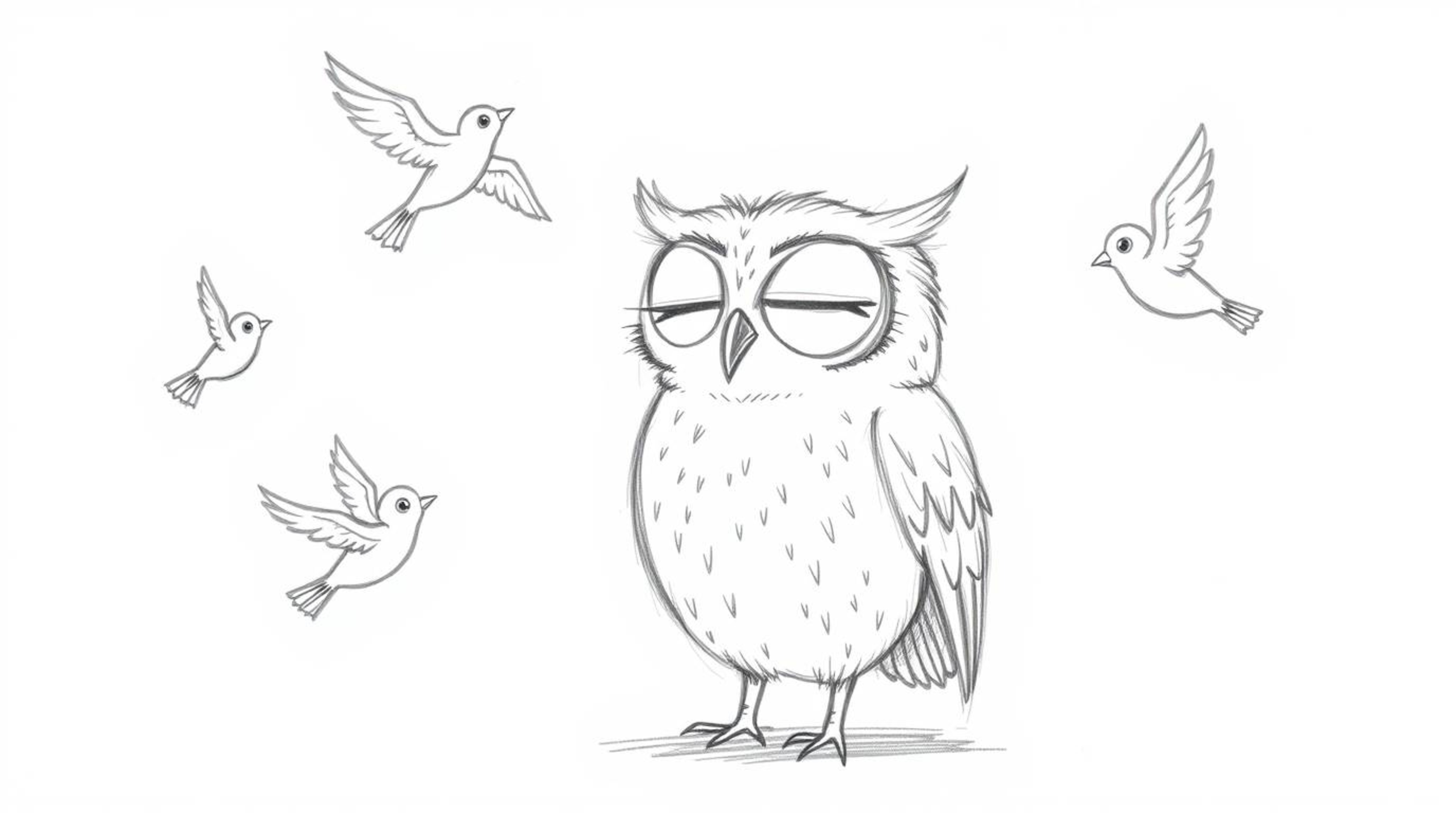 A heartwarming, hand-drawn pencil sketch in Pixar style depicts a blind owl with expressive, closed eyes, inspiringly teachin