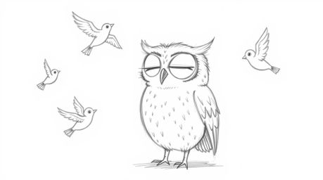 A heartwarming, hand-drawn pencil sketch in Pixar style depicts a blind owl with expressive, closed eyes, inspiringly teachin