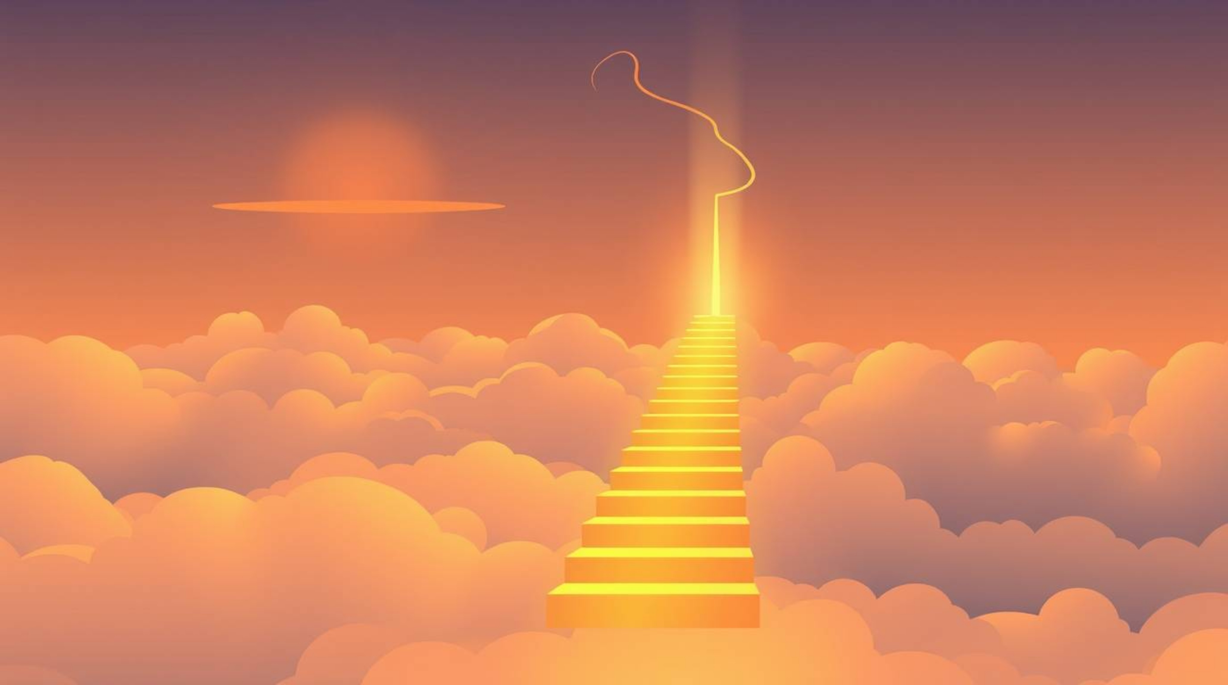 A modern flat design illustration showcases a winding stairway of smoke and light, bathed in the warm glow of the golden hour