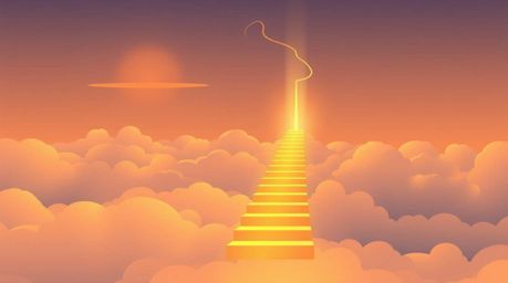 A modern flat design illustration showcases a winding stairway of smoke and light, bathed in the warm glow of the golden hour