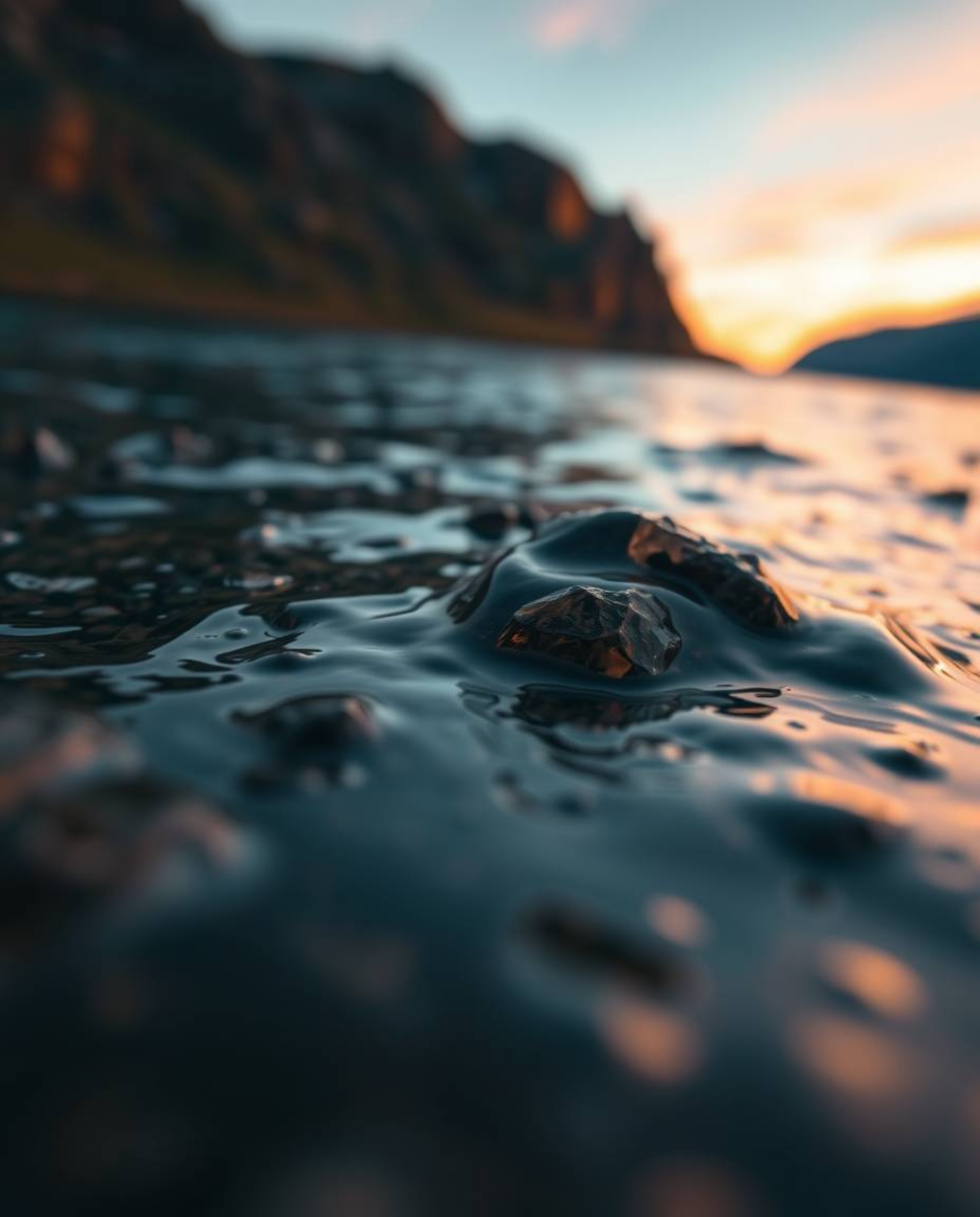 An extreme macro close-up photograph of a glassy fjord reflecting a sunset. This image highlights a stunning interplay of war