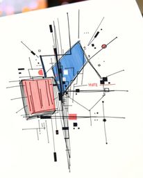 A vibrant, hand-drawn sketch in a unique sketchnote style featuring abstract shapes enhanced with glitch effects, fragmentati