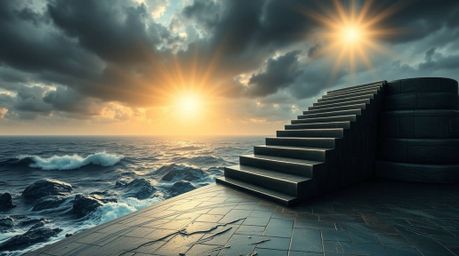 A high-angle view captures a dramatic bronze staircase emerging from a stormy ocean, ascending towards a sunburst-lit sky. Th