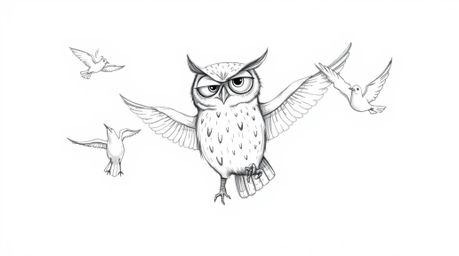 A captivating hand-drawn sketch depicts a blind owl with remarkably expressive and detailed eyes leading birds in a synchroni