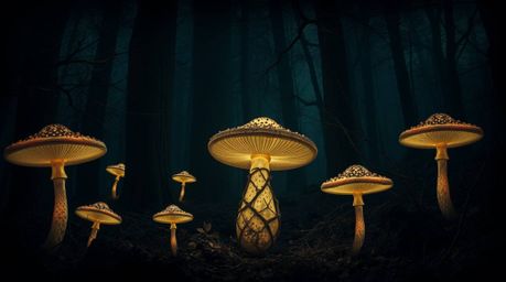 Step into a vintage-style enchanted forest teeming with glowing mushrooms. This surreal and dreamlike image evokes a dark, un