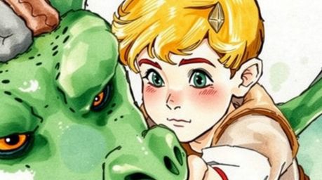 A captivating watercolor painting depicts a charming prince with rosy cheeks and blonde hair bravely battling a vibrant green