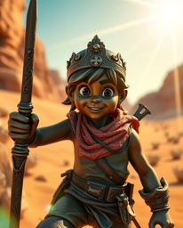 A captivating bronze statue depicts a brave Disney-style hero embarking on a desert adventure.  The patina finish and vibrant