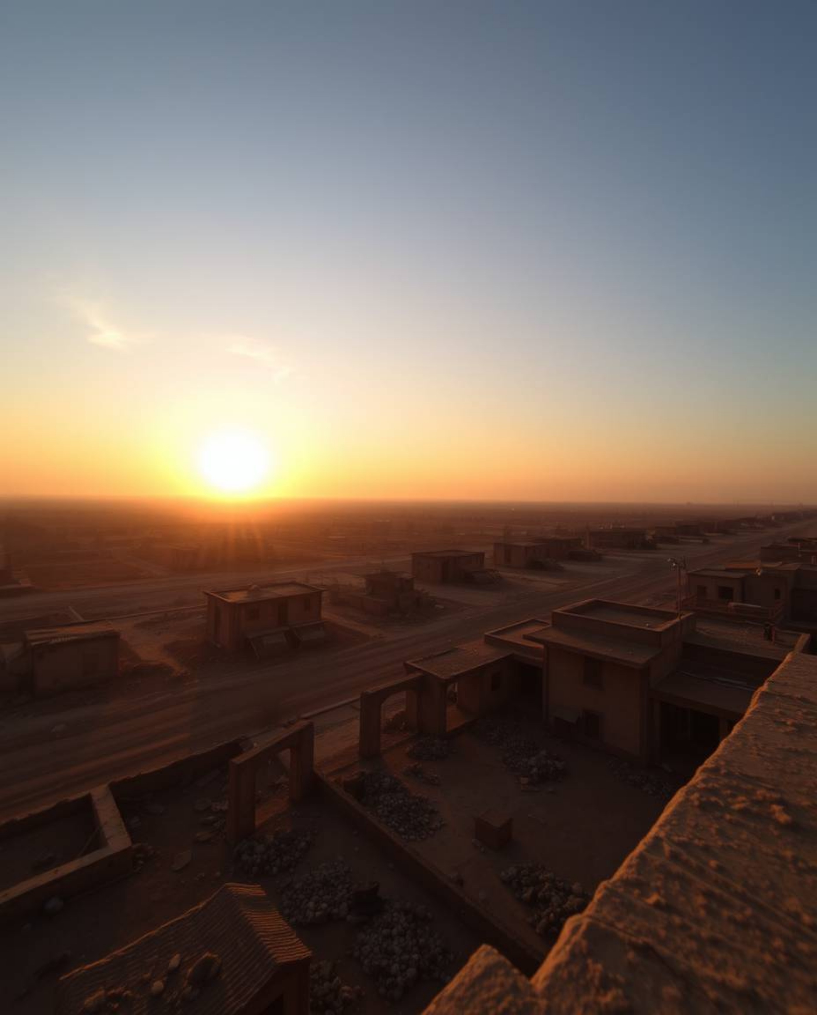 Experience a breathtaking sunrise over a ravaged landscape from a high-angle perspective, evoking a sense of both devastation