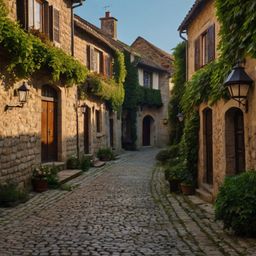 Escape to a charming medieval village with a winding cobblestone street, where picturesque ivy-covered cottages bask in the w