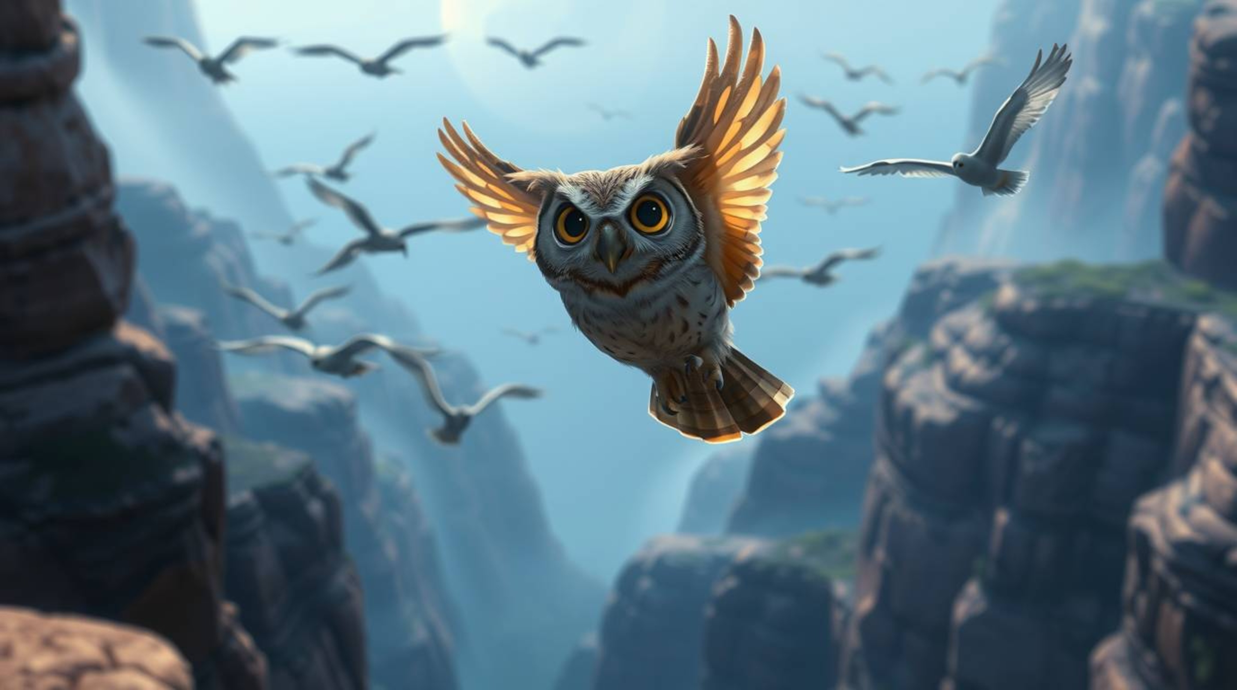 This mystical Pixar-style digital painting features a wise, blind owl with soft brown feathers as it guides a flock of birds 