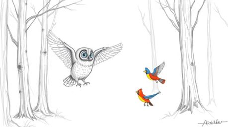A captivating hand-drawn pencil sketch depicts a blind owl, its feathers subtly textured, patiently guiding several brightly 