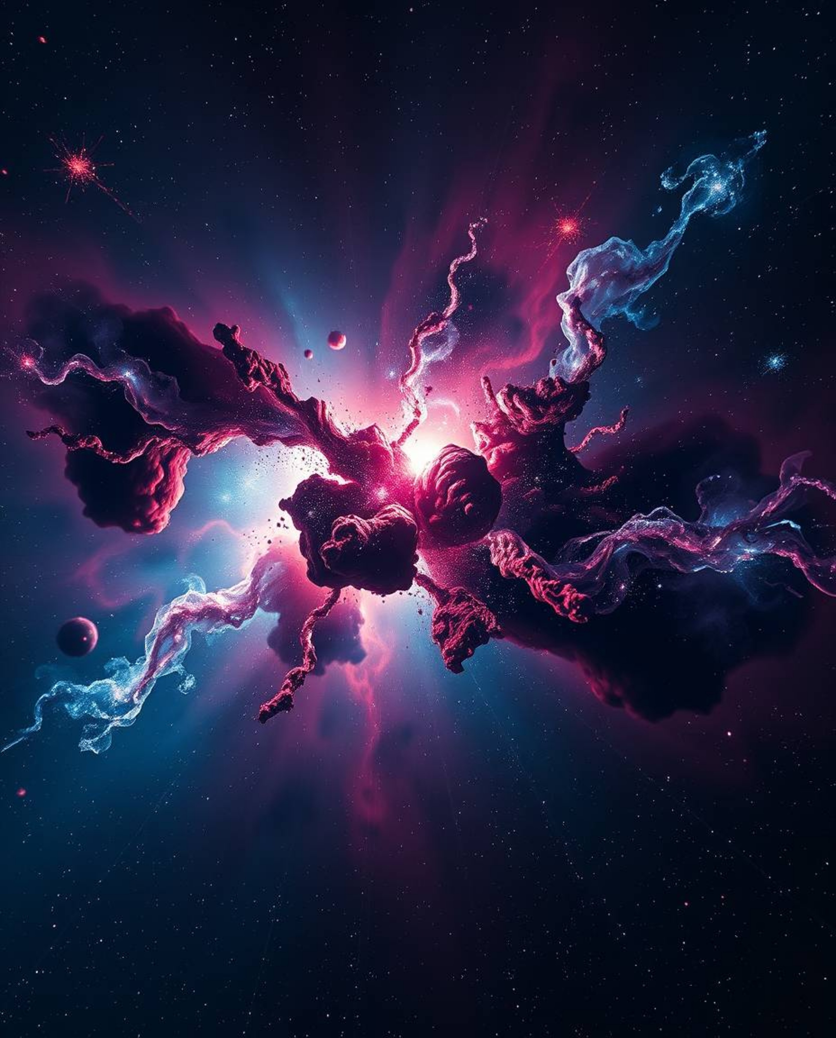 Witness a breathtaking high-angle view of colliding galaxies, a cosmic spectacle of rich burgundy and deep blue hues.  This s