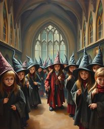 This classic oil painting captures the enchanting atmosphere of a magical school teeming with young wizards. The sharp subjec