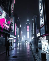 A dramatic, cinematic black and white photograph captures the timeless elegance of a futuristic cyberpunk cityscape.  Vibrant