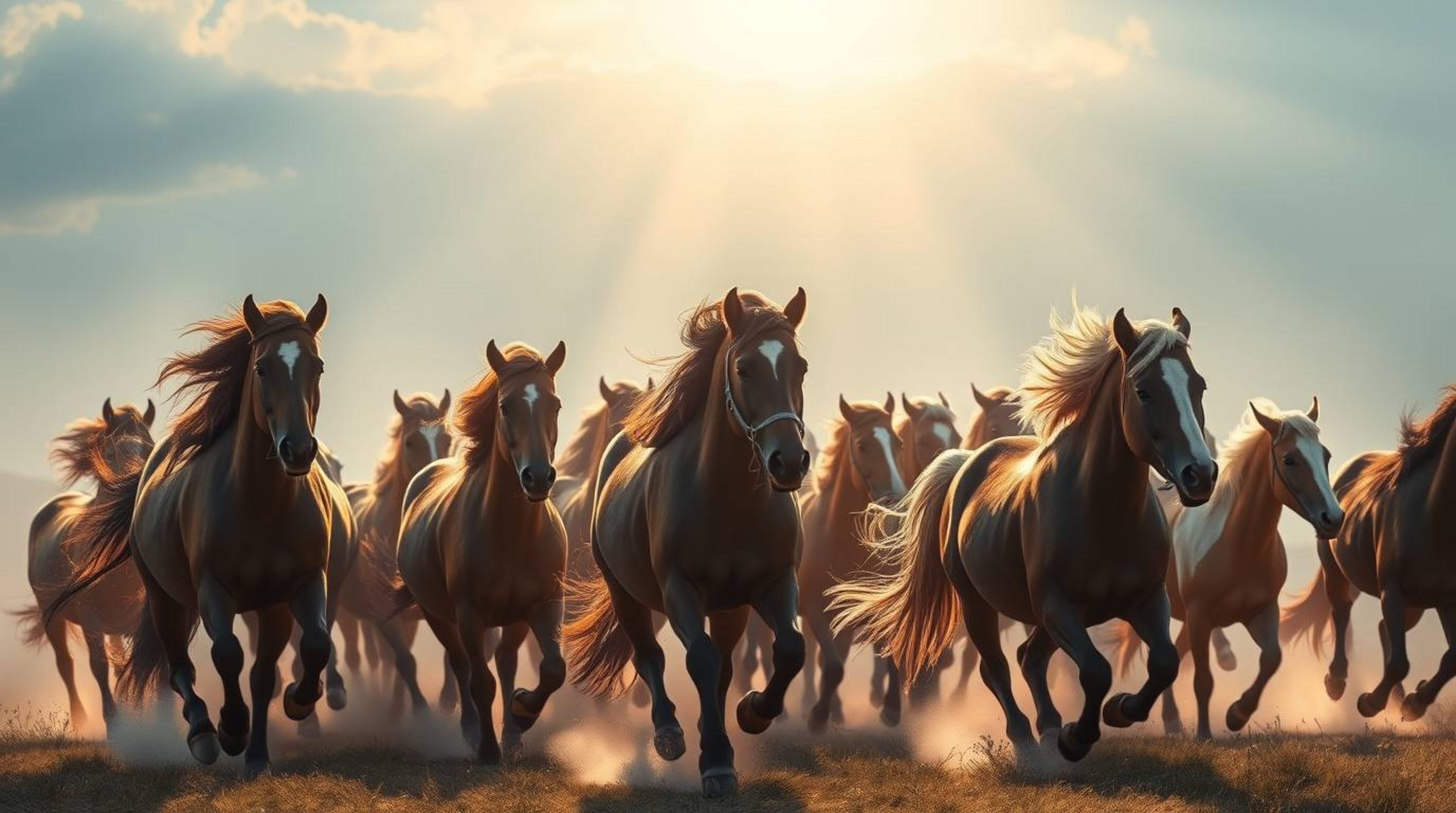 Witness a breathtaking scene of wild horses with flowing manes galloping beneath a glowing, ethereal sky. Soft, diffused ligh