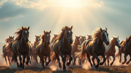 Witness a breathtaking scene of wild horses with flowing manes galloping beneath a glowing, ethereal sky. Soft, diffused ligh