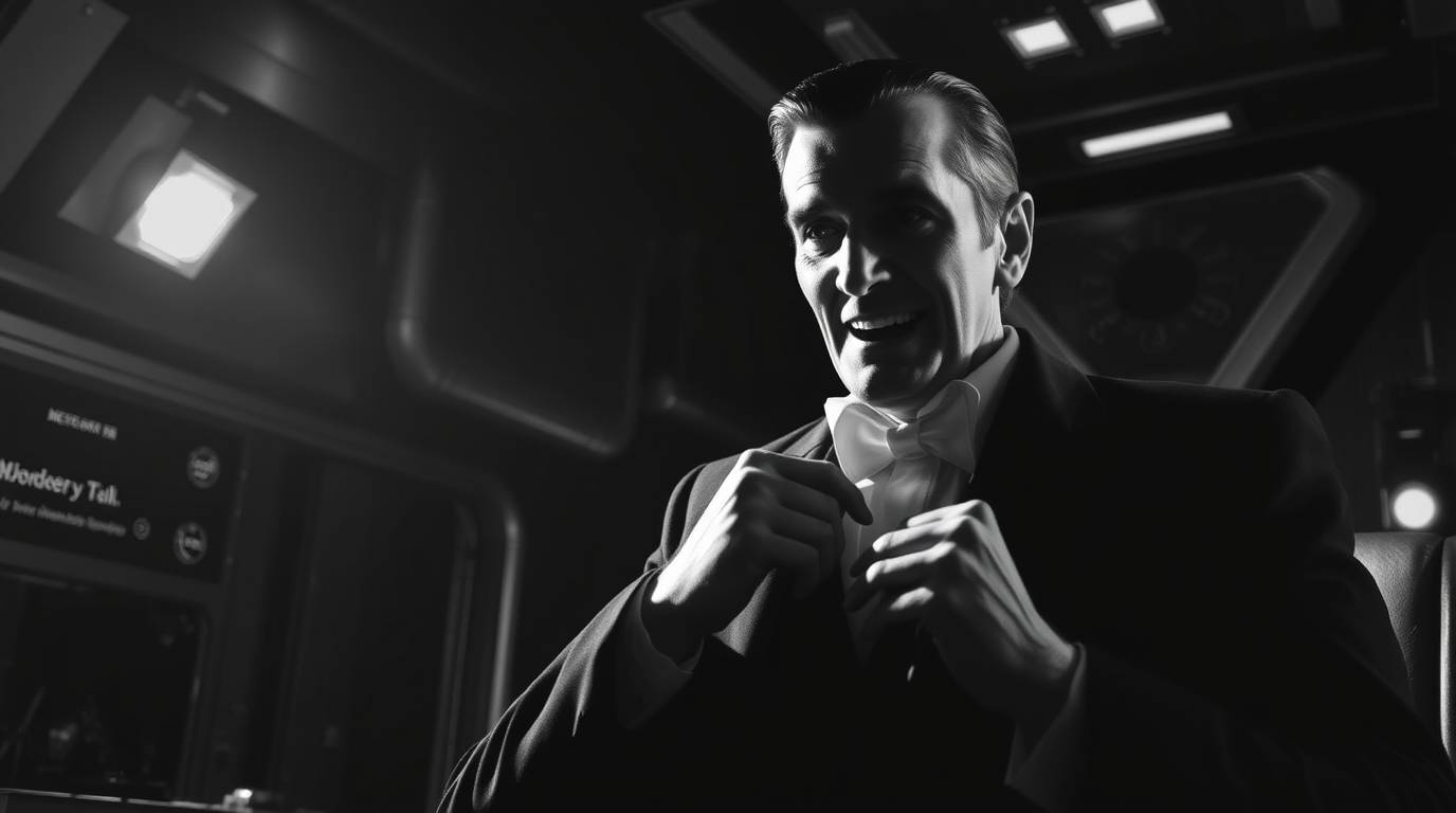 A timeless black and white image captures a villain's humorous meltdown within a sleek, high-tech lair. Strong, direct lighti