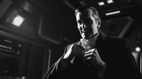 A timeless black and white image captures a villain's humorous meltdown within a sleek, high-tech lair. Strong, direct lighti