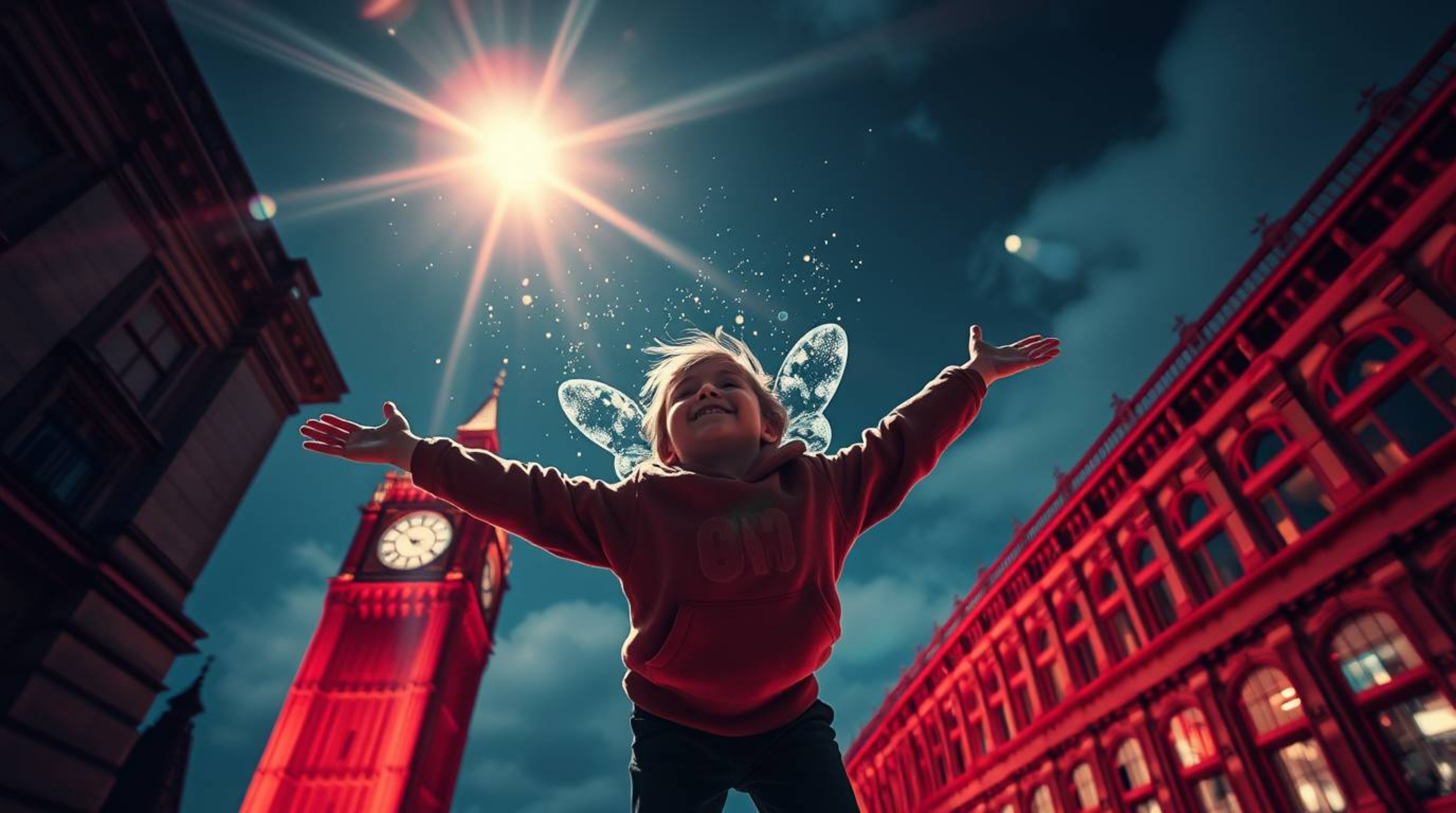 A surreal infrared-toned image captures a young boy soaring above London, propelled by magical pixie dust. Bright lens flares