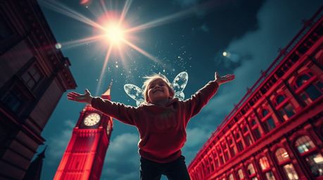 A surreal infrared-toned image captures a young boy soaring above London, propelled by magical pixie dust. Bright lens flares