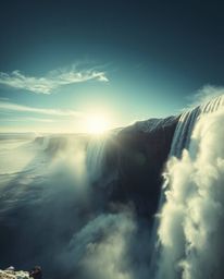 A surreal image captures the mesmerizing scene of a sun setting behind a dramatic waterfall. Rendered in stunning infrared to