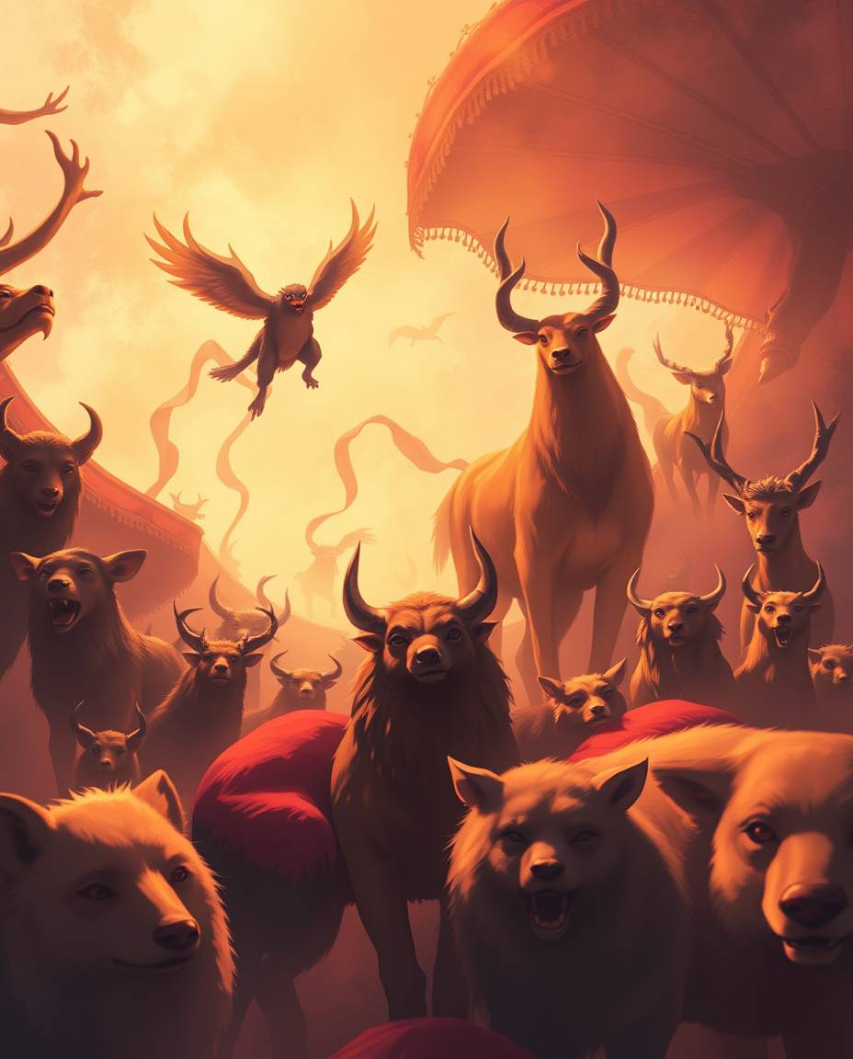 Imagine a warm, soft, and dreamy atmosphere reminiscent of Isekai anime, set within a carnival unexpectedly overtaken by wild