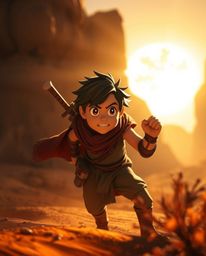 A brave Disney-style hero embarks on a thrilling desert adventure.  Intense, dramatic lighting and warm autumn colors create 