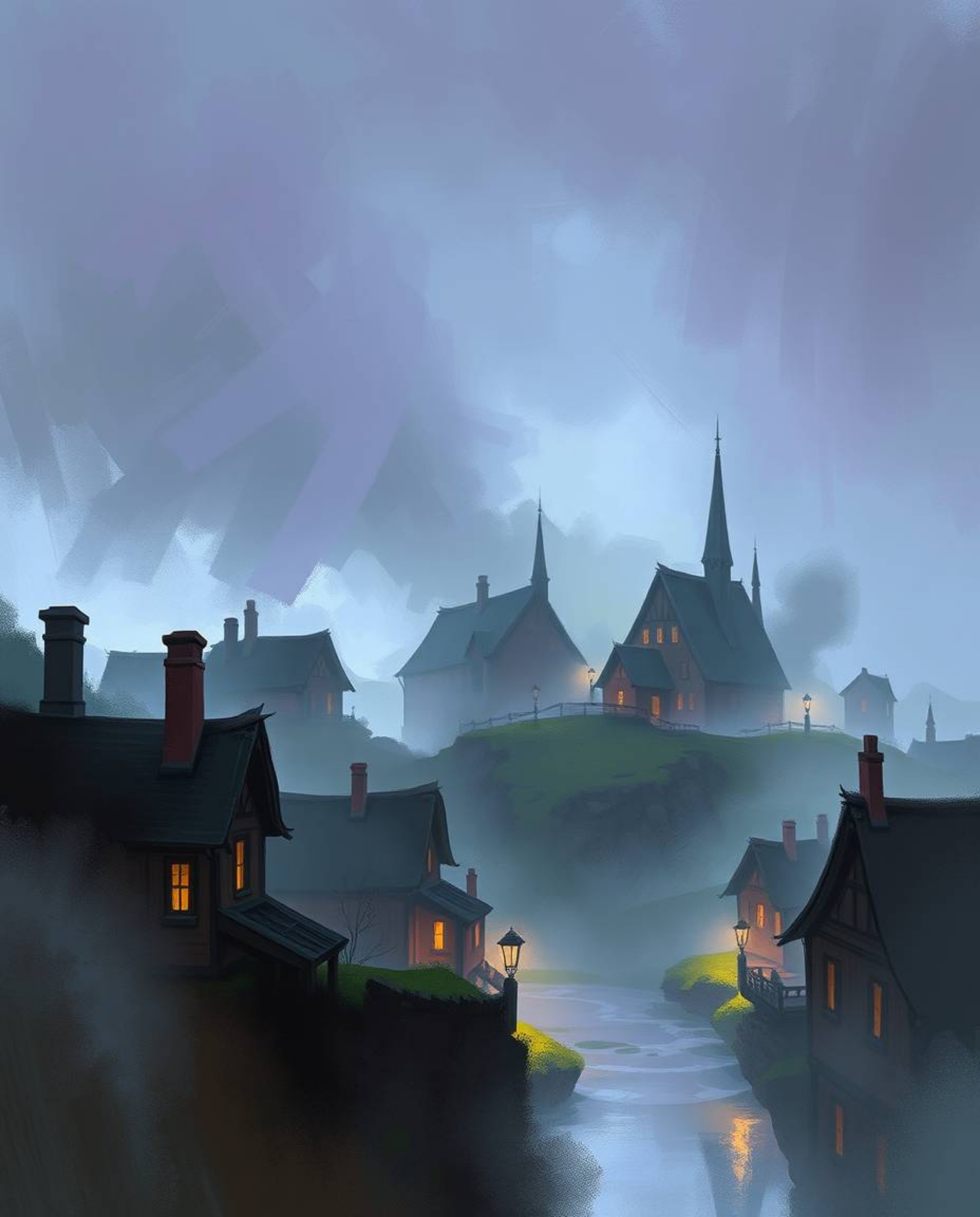 Discover a dreamy digital sketch of a sleepy town nestled in mist.  Pastel-colored houses and painterly strokes create a whim