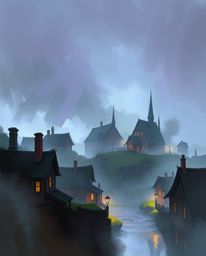 Discover a dreamy digital sketch of a sleepy town nestled in mist.  Pastel-colored houses and painterly strokes create a whim
