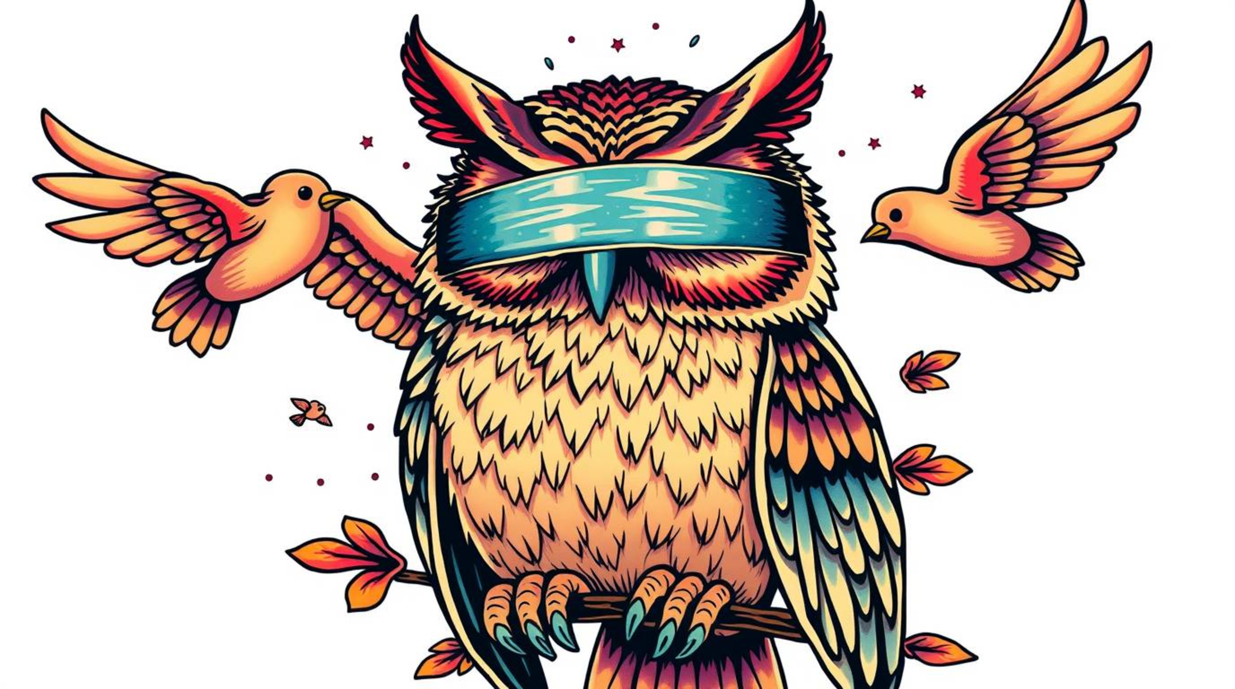 This vibrant retro-styled tattoo art print features a captivating scene: a Pixar-style blind owl, embodying inner vision, is 