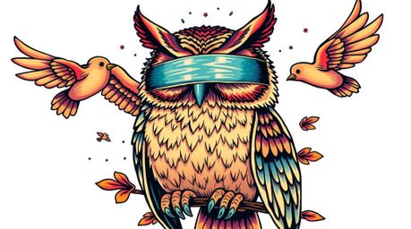 This vibrant retro-styled tattoo art print features a captivating scene: a Pixar-style blind owl, embodying inner vision, is 