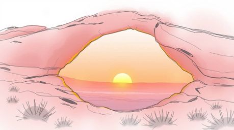 Capture the serene beauty of a desert sunset framed by a natural rock arch with this hazy, soft color sketchnote-style artwor