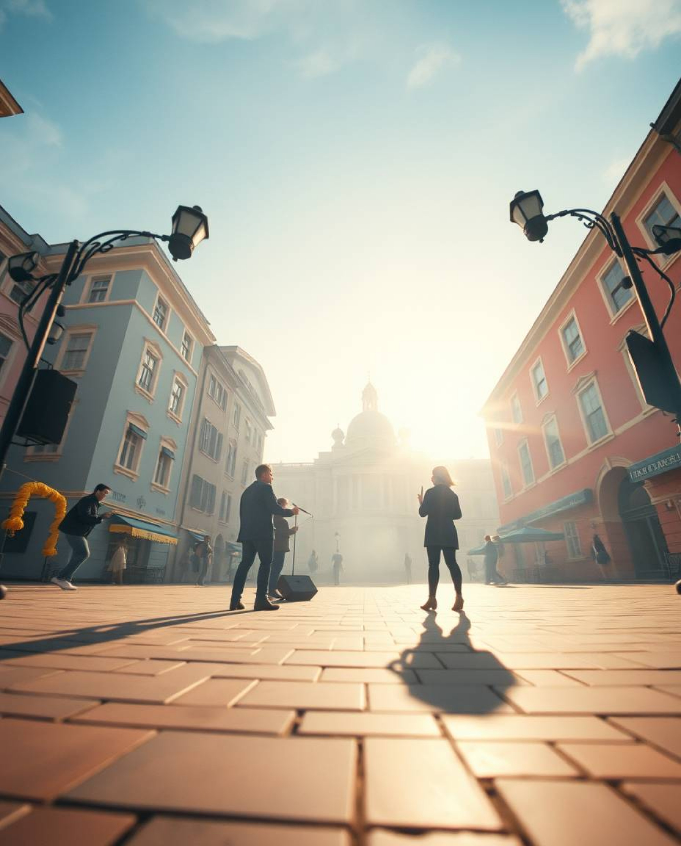 Experience a captivating musical number filmed from a low-angle perspective in a vibrant town square. The scene is bathed in 