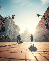 Experience a captivating musical number filmed from a low-angle perspective in a vibrant town square. The scene is bathed in 
