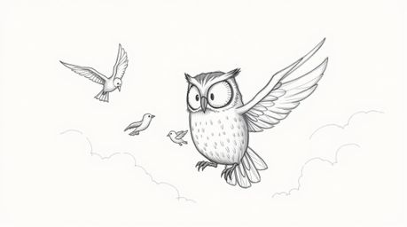 A heartwarming Pixar-style hand-drawn sketch depicts a wise, blind owl with large, gentle eyes lovingly guiding several small