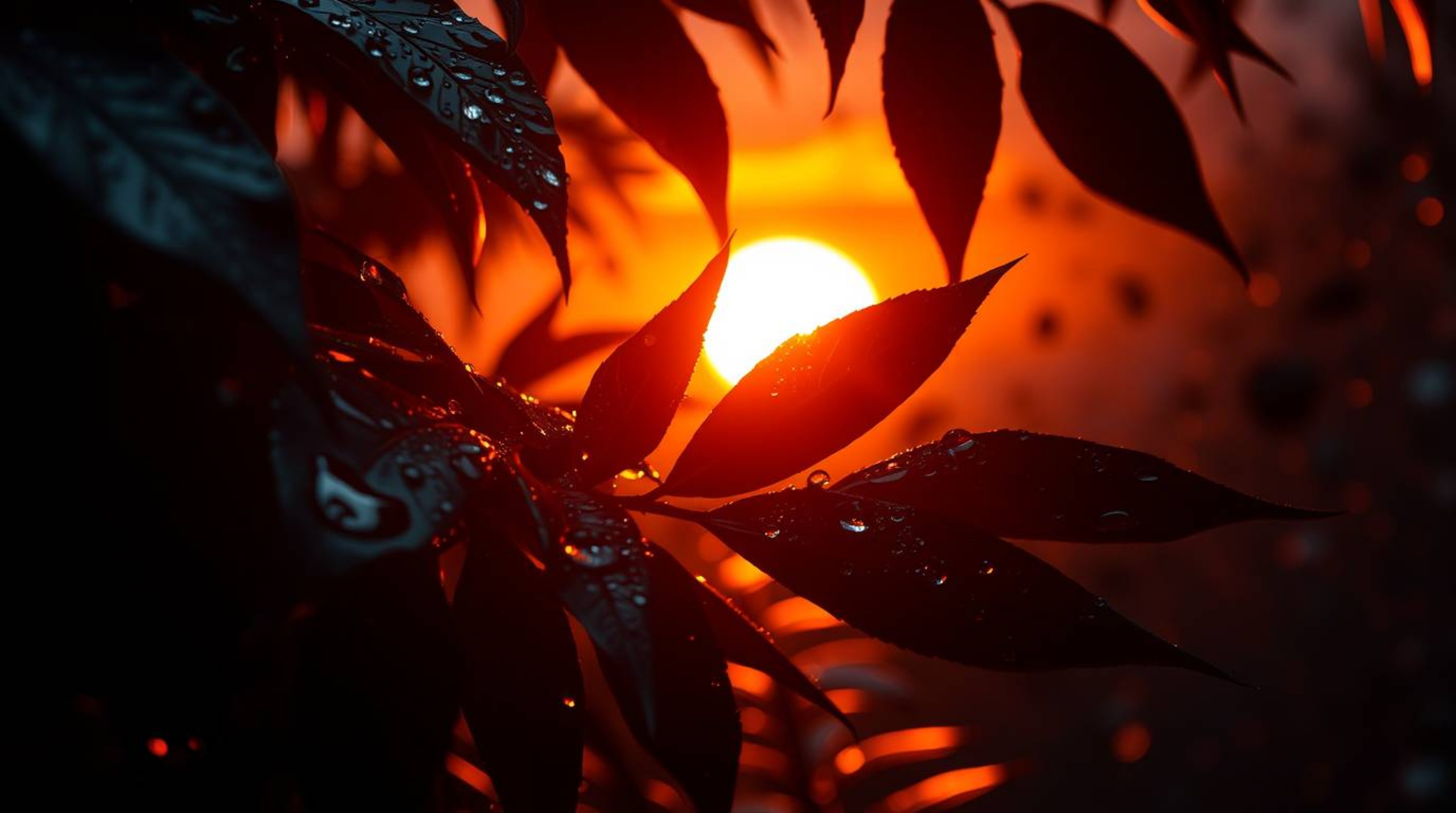 Explore intense dramatic lighting and a futuristic sci-fi style with sunset reflections in raindrops on leaves. This collecti