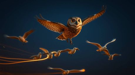 A captivating long-exposure photograph in the style of Pixar, depicting a blind owl tenderly teaching birds how to fly. The i