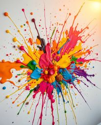 Experience a vibrant explosion of color with this abstract art piece. High detail paint splashes dance across a white canvas,