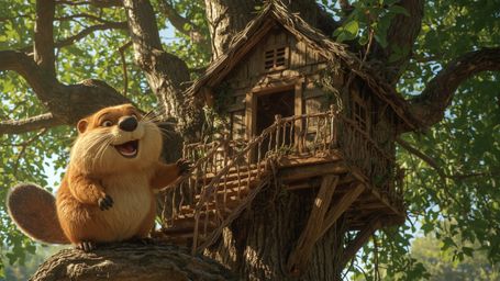 A high-resolution stock photo captures a cheerful beaver with warm, golden fur building an intricately designed treehouse in 