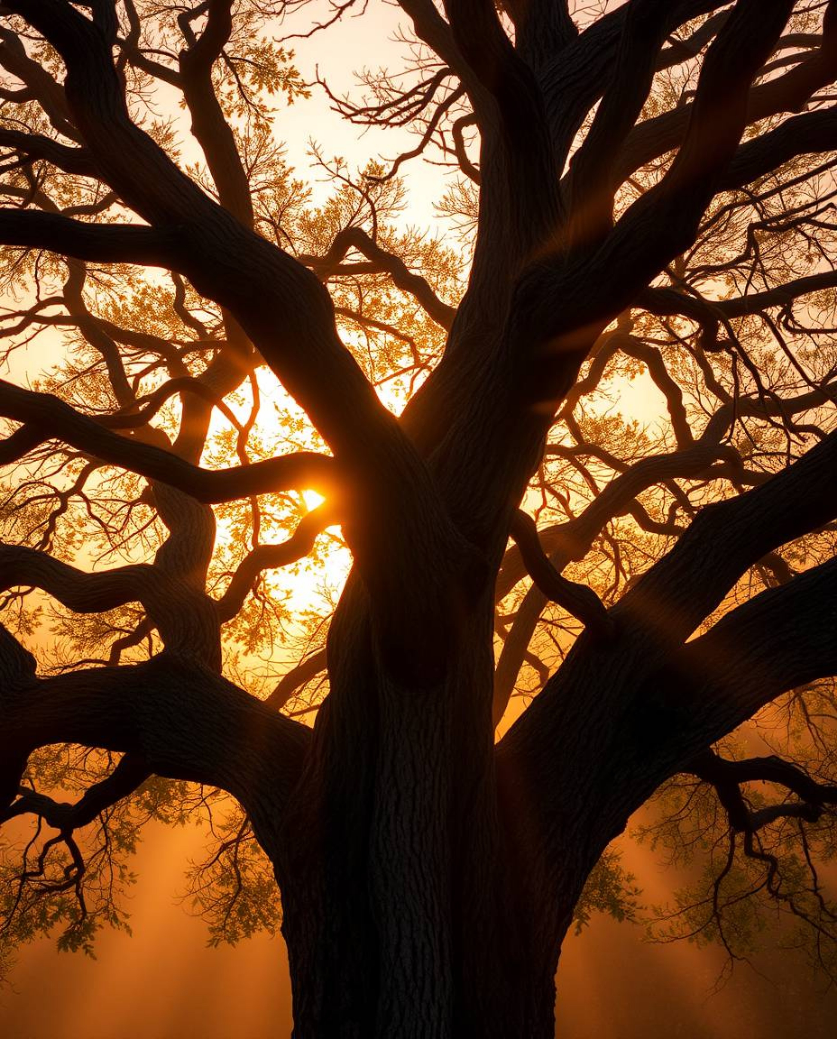 A high-resolution stock photo capturing a sunset behind an old oak tree with twisted branches. This commercial-quality image 
