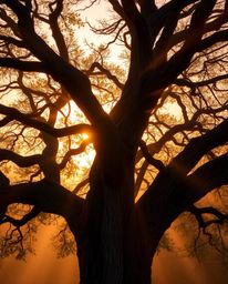 A high-resolution stock photo capturing a sunset behind an old oak tree with twisted branches. This commercial-quality image 