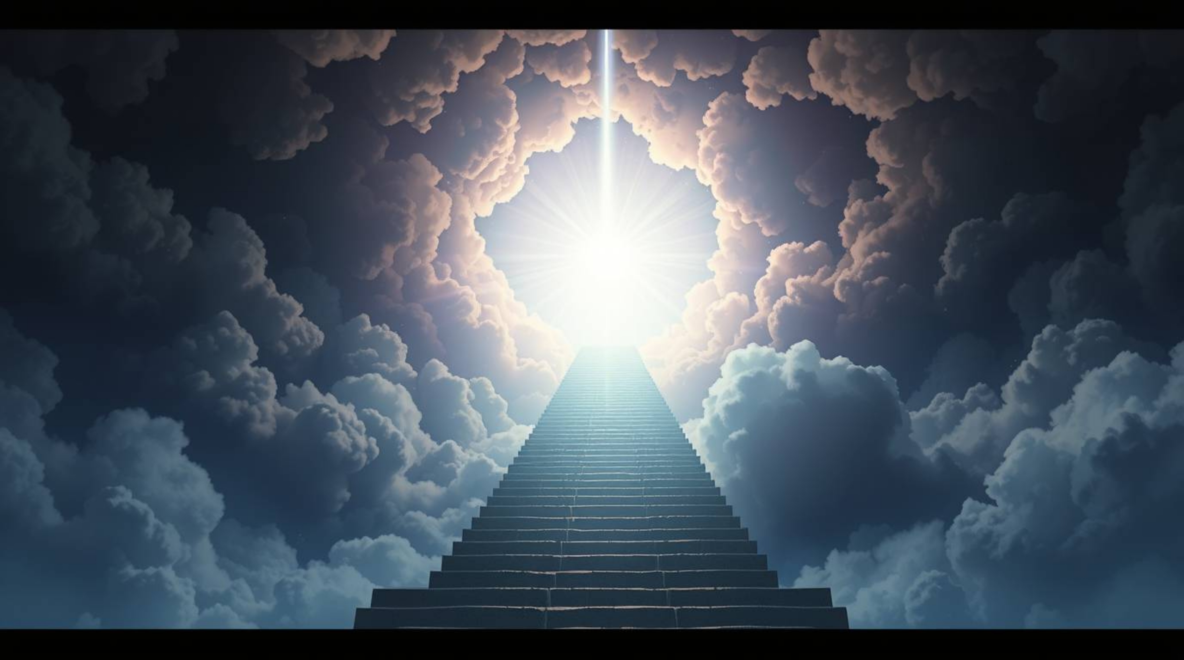 A dramatic cinematic anime-style depiction of a surreal stairway ascending through smoky clouds towards a bright celestial li