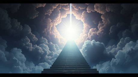A dramatic cinematic anime-style depiction of a surreal stairway ascending through smoky clouds towards a bright celestial li