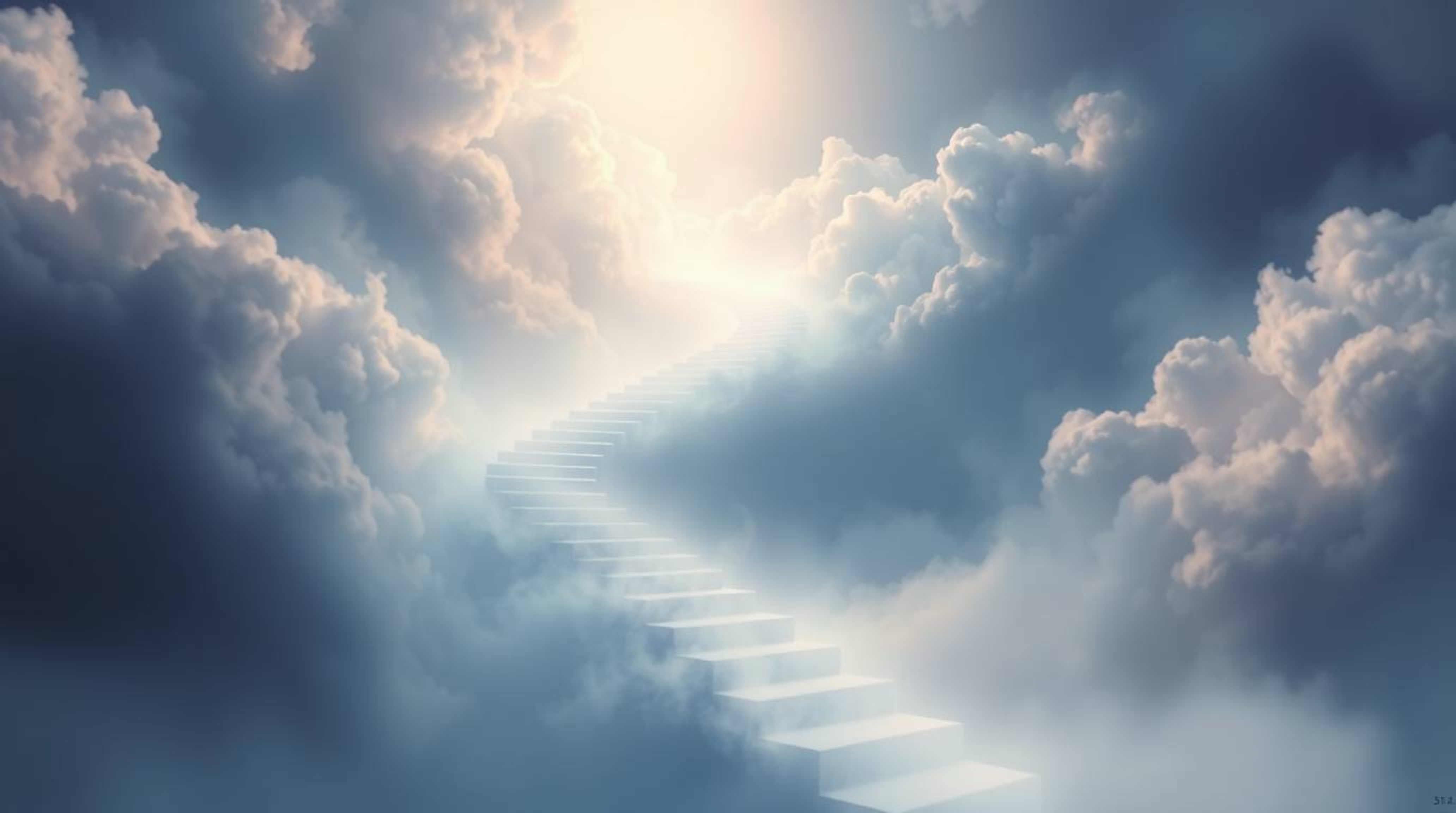 A captivating digital painting depicts a winding stairway of smoke and light ascending into a vast, cloudy sky. This ethereal