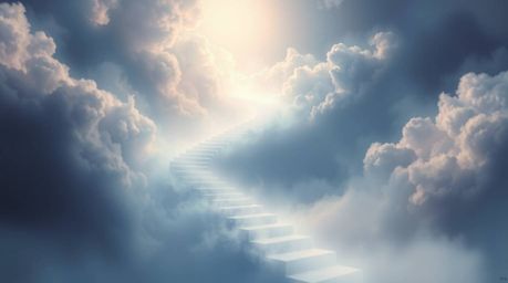 A captivating digital painting depicts a winding stairway of smoke and light ascending into a vast, cloudy sky. This ethereal