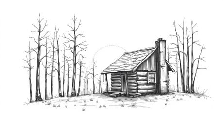 This captivating hand-drawn sketch portrays an old wooden cabin nestled deep within the woods at sunset. Rendered in a moody 
